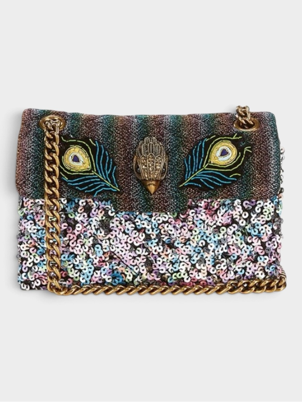 Kurt Geiger EUC Mini Kensington Sequin & Peacock Crossbody with Gold Chain